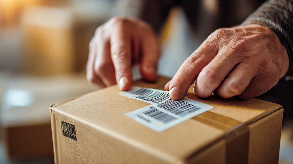 Close-up of hands placing barcode stickers on a cardboard box under warm lighting
