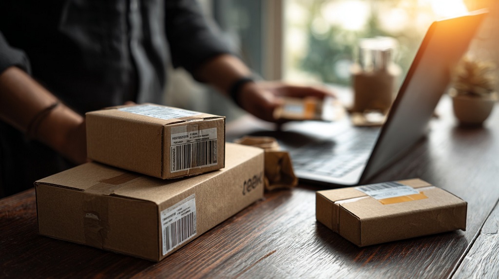 Person packing small parcels at a home desk next to a laptop, preparing shipments for Amazon FBA