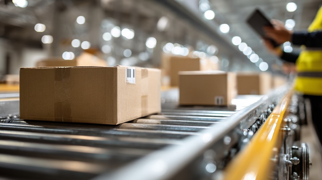 Boxes moving along a conveyor belt in a modern warehouse, with staff monitoring shipments