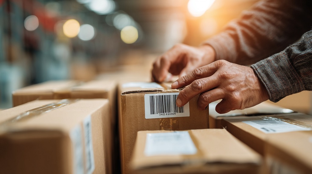 Hands applying barcode labels to cardboard boxes inside a clean, well-lit warehouse
