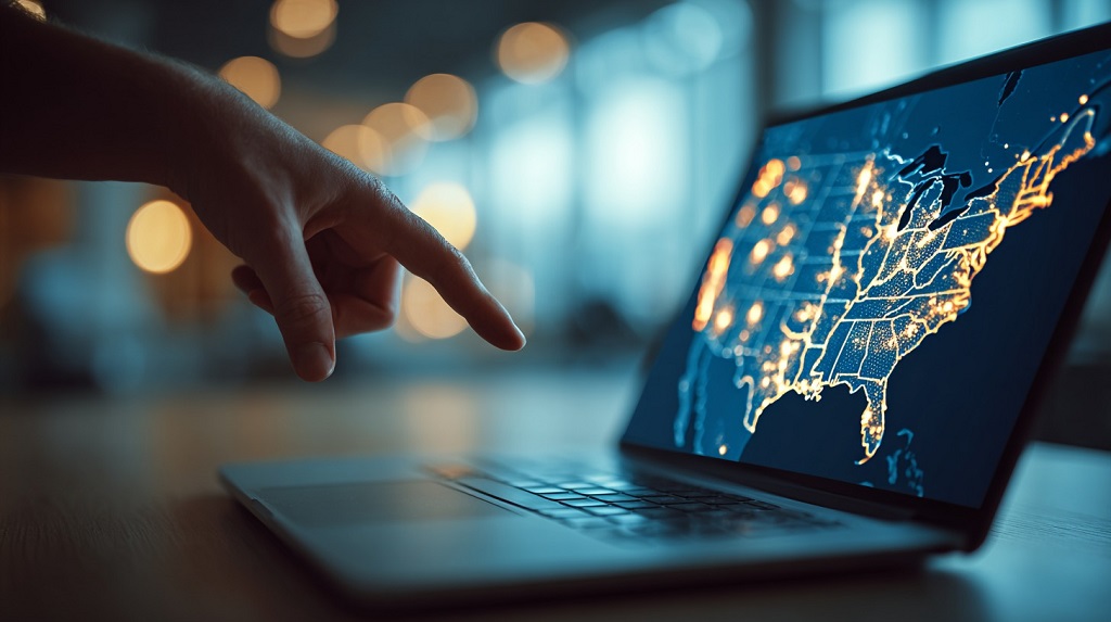 Close-up of a hand pointing at a glowing map of the United States on a laptop screen