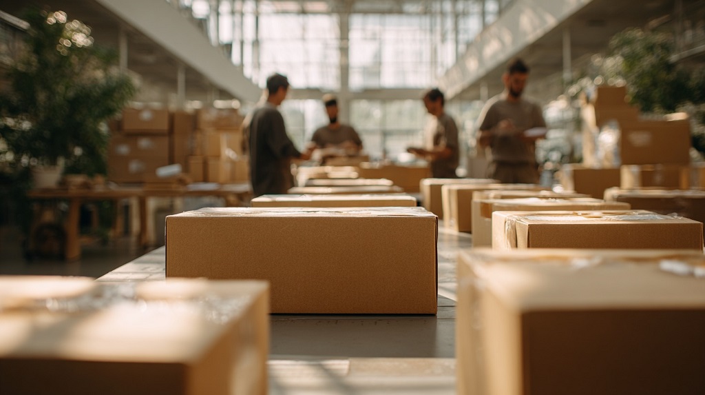 Rows of parcels being processed in a bright logistics hall with a few workers in the background